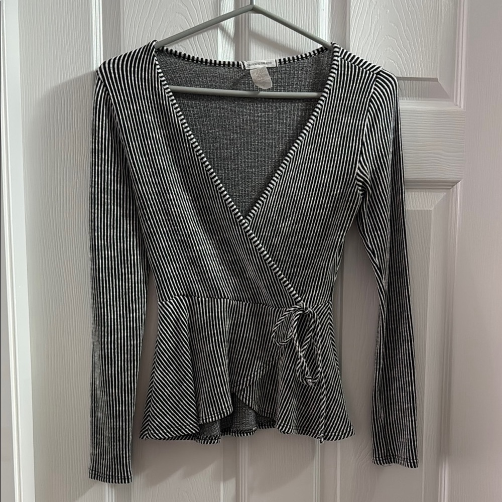 Striped Black and White Wrap Top